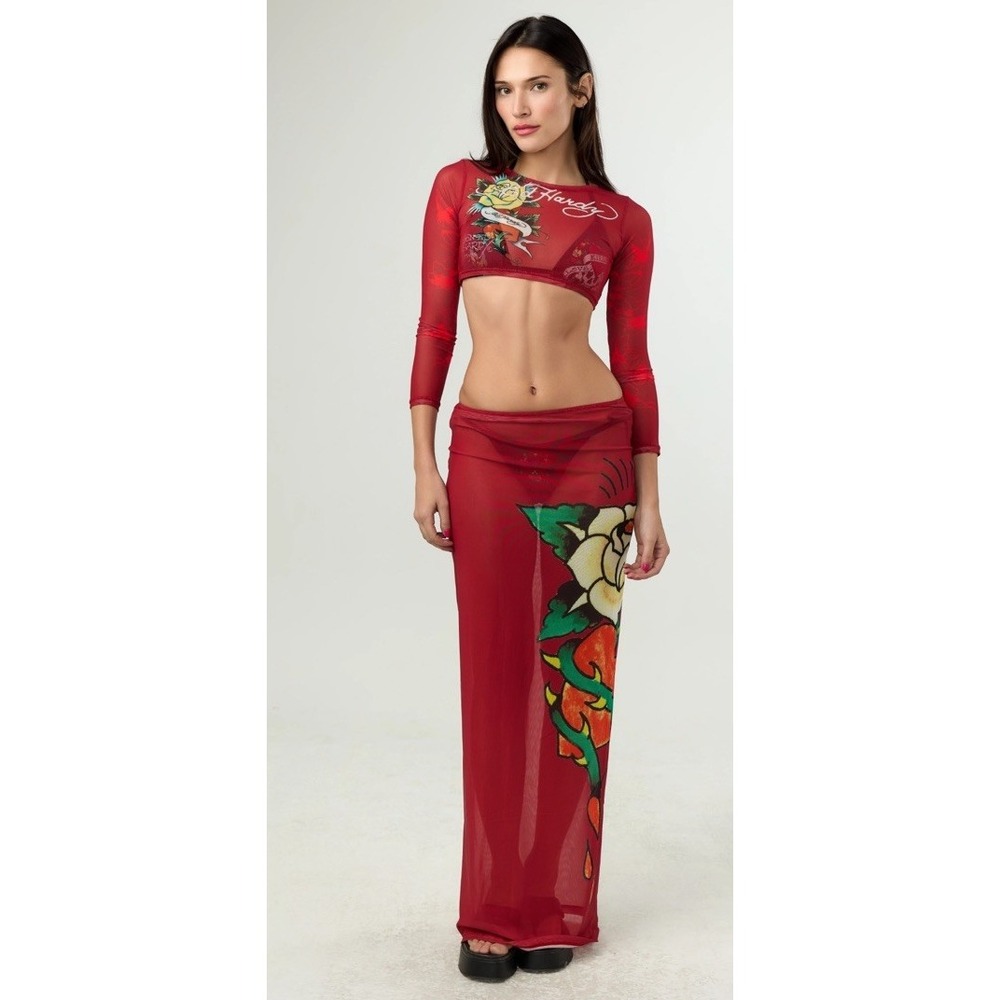 REBEL ROSE MESH MAXI ED HARDY MESH RED SWIM SUIT COVER UP Size L(9-b70)